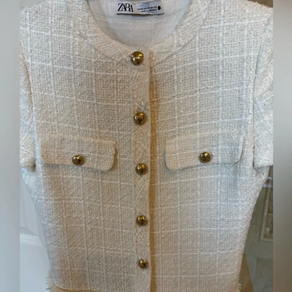 Zara Cream Tweed Fit-and-Flare Dress with Gold Buttons - Picture 2 of 3